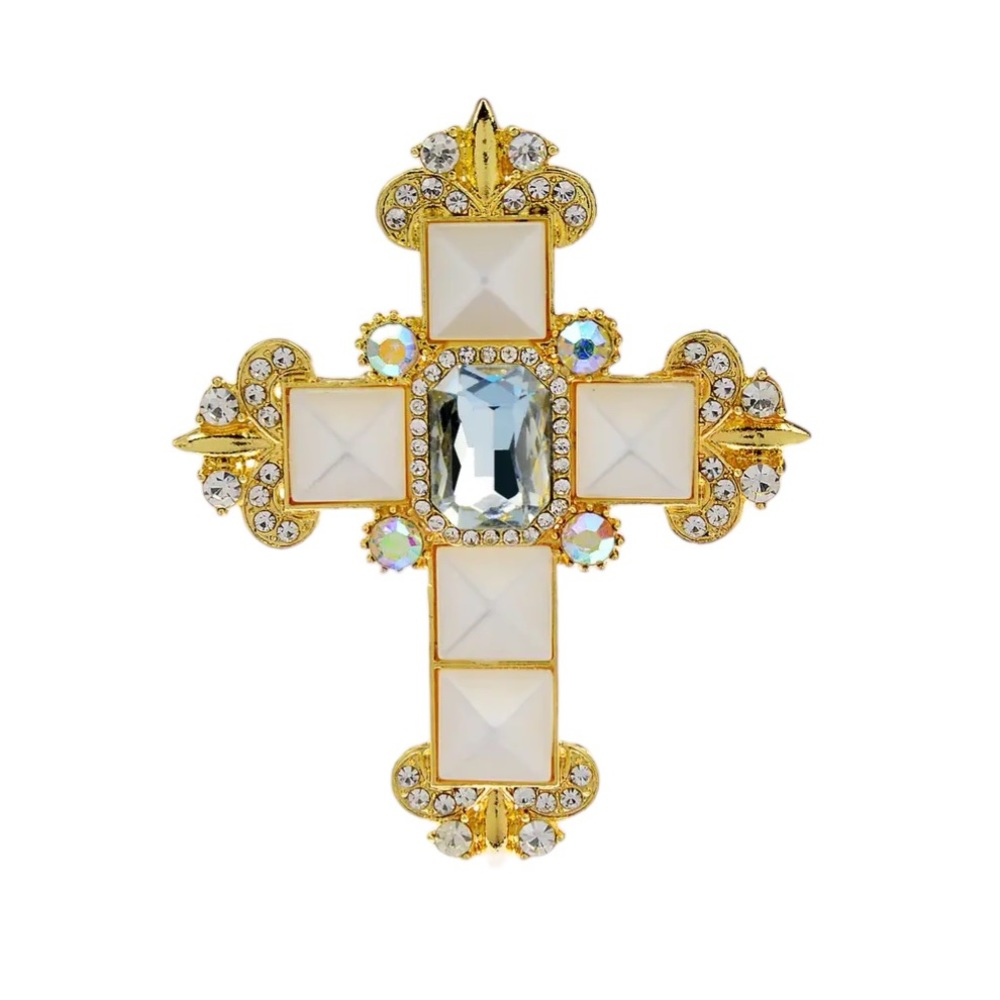 Gold Baroque Cross Brooch - White Pyramid Stones & Crystal Accents New